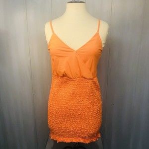 NWOT Mxrag tangerine orange bodycon mini sun dress smocked skirt ruffle trim, Sm